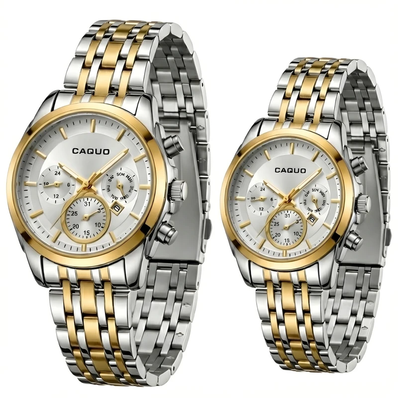 ست ساعت مچی عقربه‌ای کوارتز زنانه و مردانه کاکیو مدل  اسپرت لوکس تک موتوره دیت جاست کد Q3