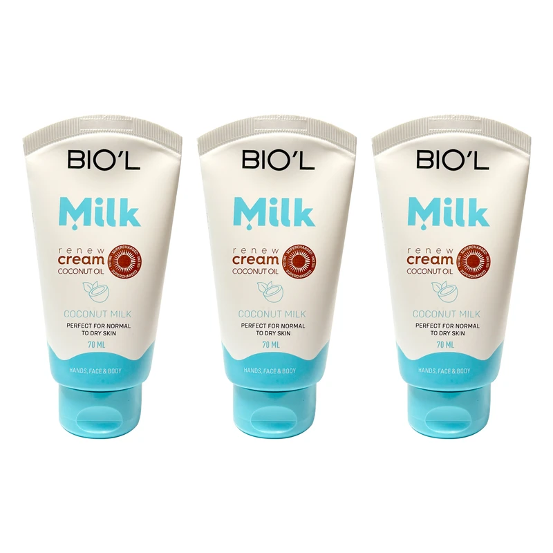 کرم مرطوب کننده دست و صورت بیول مدل پروتئین شیر و روغن نارگیل مناسب پوست های معمولی و خشک حجم 70 میلی لیتر مجموعه 3 عددی