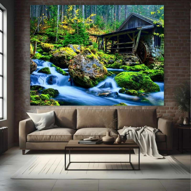 تابلو بوم طرح مخمل مدل کلبه چوبی در طبیعت کد FP2234