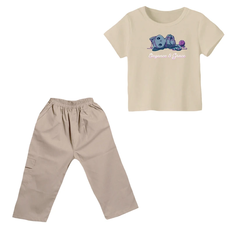 ست تی شرت و شلوارک دخترانه مدل گربه کد 23