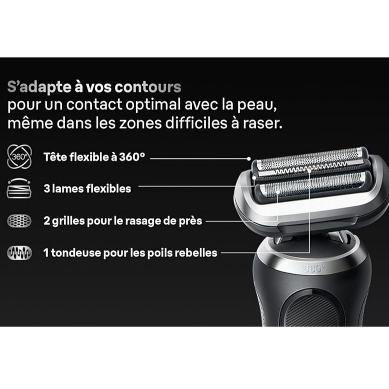 ماشین اصلاح موی صورت شارژی براون مدل series7 72-N4200cs با فناوری AutoSense، تیغه‌های استیل ضدزنگ، ضدآب، اصلاح صفر زن و خط زن، باتری لیتیوم یون با 60 دقیقه کارکرد، نمایشگر LED، استفاده خشک و مرطوب، همراه با برس تمیزکننده و کیف نگهداری