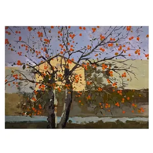 تابلو نقاشی رنگ اکریلیک طرح تک درخت باغ خرمالو