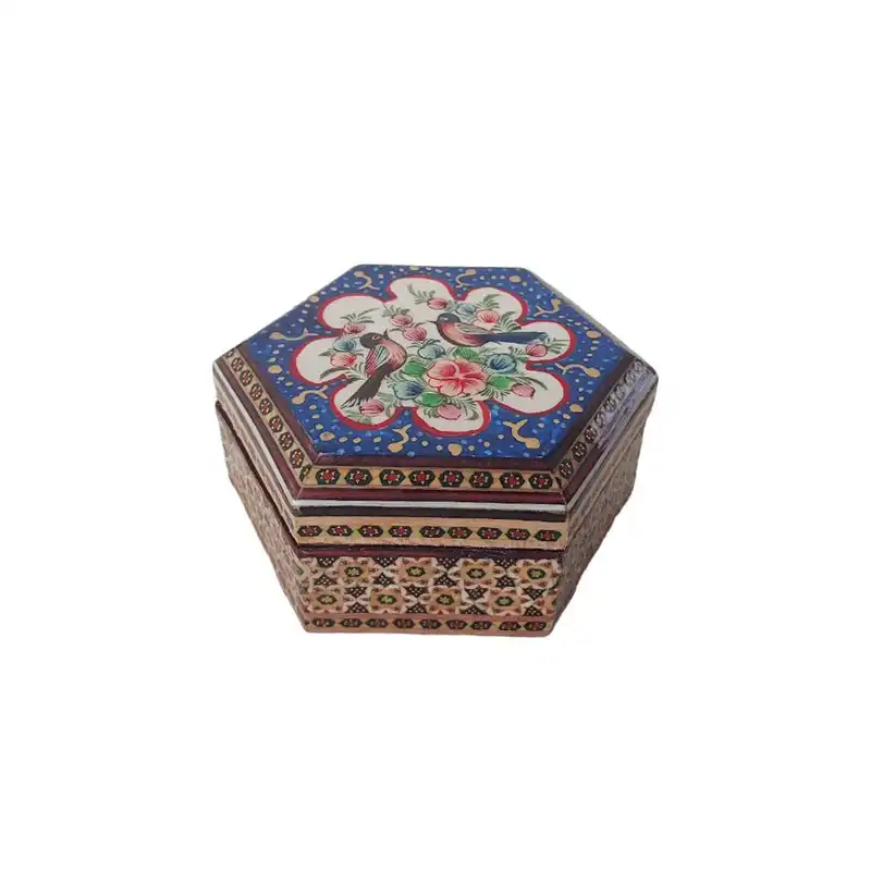جعبه جواهرات خاتم کاری مدل شش گوش گل مرغ کد 236