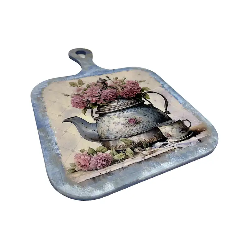 تخته سرو چوبی طرح قوری و فنجان گلدار کد VA-12