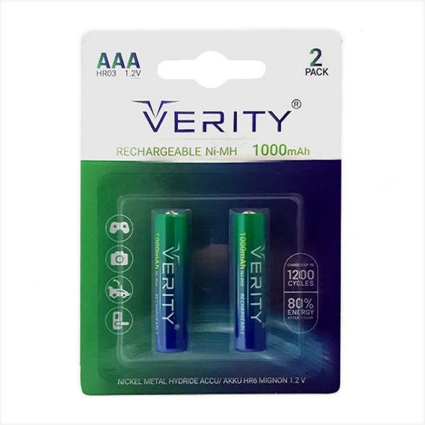 باتری نیم قلمی قابل شارژ وریتی مدل HR03 ظرفیت 1000 میلی آمپرساعت بسته دو عددی