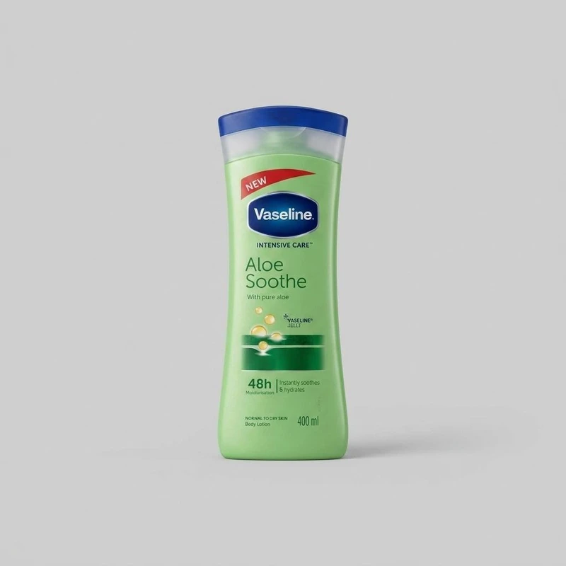 لوسیون نرم‌کننده بدن وازلین مدل Aloe Soothe حجم 400 میلی‌لیتر حاوی آلوئه ورا و ویتامین E با ماندگاری رطوبت تا 48 ساعت و مناسب پس از استحمام