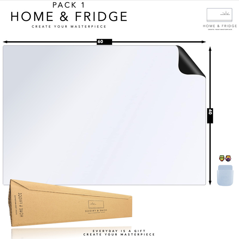 تخته وایت برد هوم اند فریج مدل 1 سایز 60x40 سانتی متر به همراه هولدر مغناطیسی و مگنت یخچالی مجموعه ۴ عددی