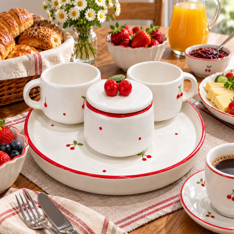 سرویس چای خوری 4 پارچه دستساز مدل سرامیکی آلبالو