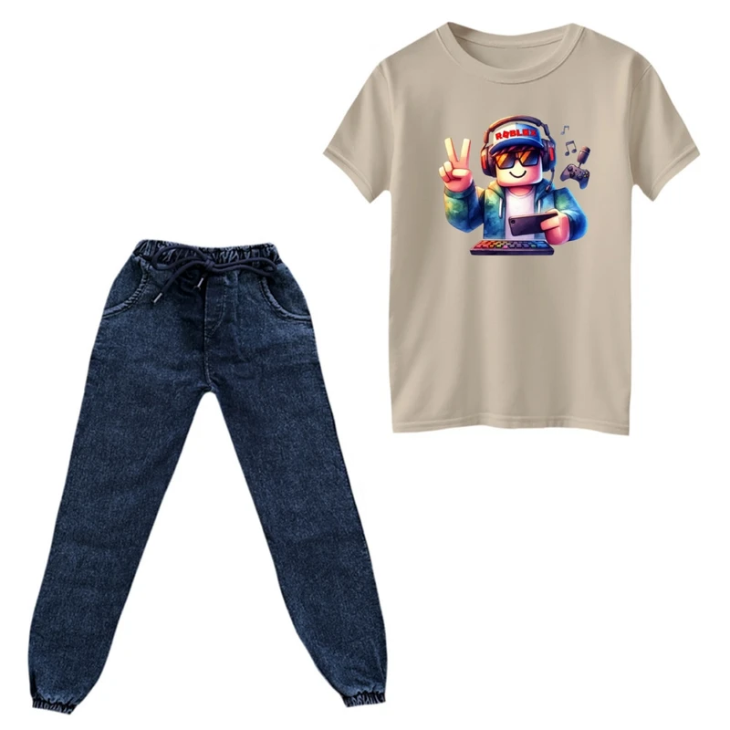 ست تی‌شرت و شلوار پسرانه مدل روبلاکس کد 3 رنگ کرم