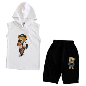 ست تاپ کلاه دار و شلوارک پسرانه مدل خرس رنگ سفید