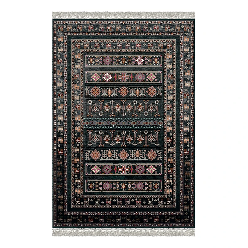 فرش ماشینی 1000 شانه هانوکس زمینه مشکی حاشیه چند رنگ مدل مدرن کد L283