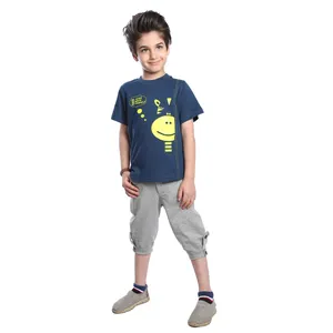 ست تی شرت آستین کوتاه و شلوارک بچگانه برشاد مدل P401 رنگ آبی نفتی