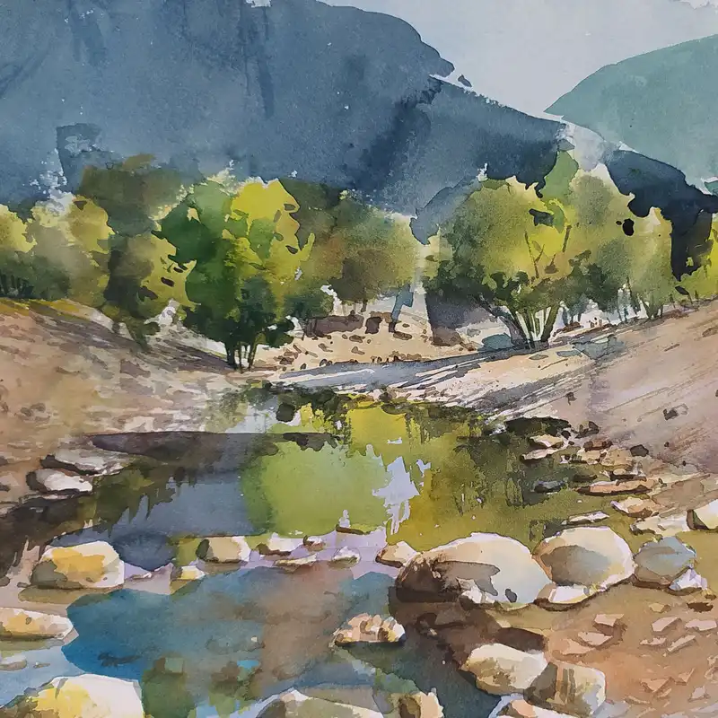 نقاشی آبرنگ طرح رودخانه سنگلاخ کد 91