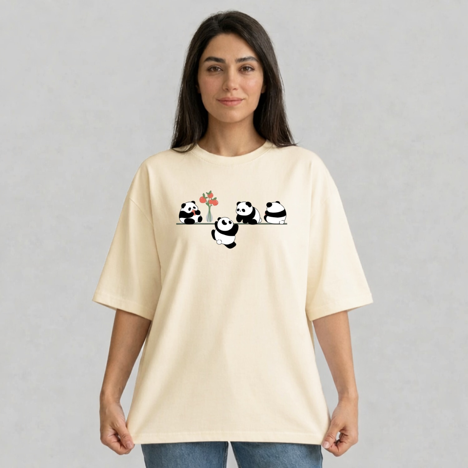 تی شرت آستین سه ربع زنانه مدل باکسی طرح پاندا های بامزه کد v12 تی شرت آستین سه ربع زنانه مدل باکسی طرح پاندا های بامزه کد v12