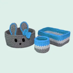 سبد قلاب بافی تریکو طرح سیسمونی نوزادی خرگوشی کد 2 مجموعه 3 عددی