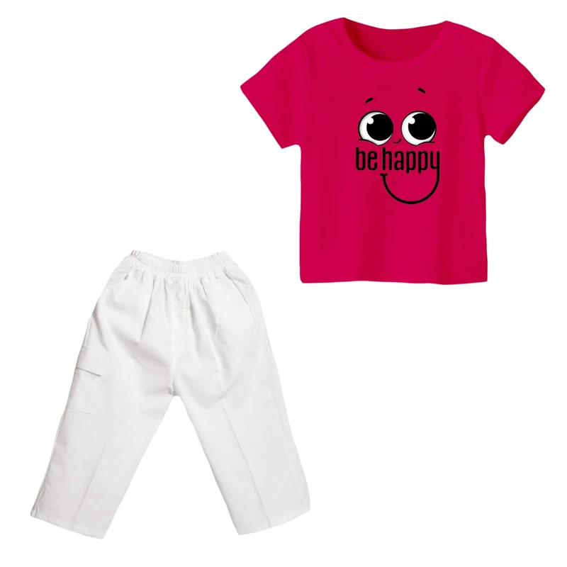 ست تی شرت و شلوارک دخترانه مدل شاد باش