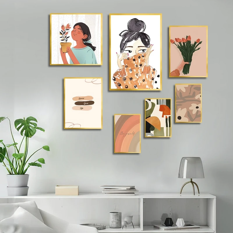 تابلو بکلیت طرح نقاشی مینیمال و گل مدل شاین اکلیلی T-2323 فریم طلایی مجموعه 7 عددی