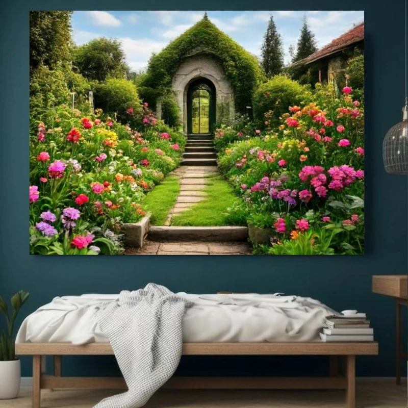 پوستر پارچه ای مخمل طرح باغ سرسبز مدل گل های رنگارنگ کد BK23168