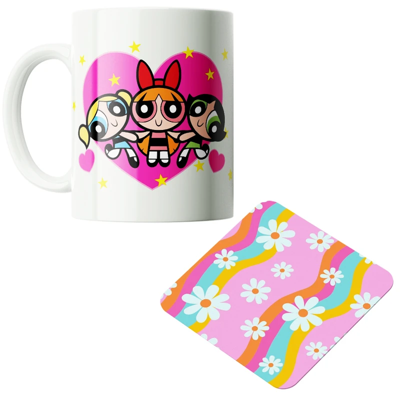 ماگ پاد آفرین مدل کارتونی سه دختر قهرمان کد PZ161 به همراه زیرلیوانی