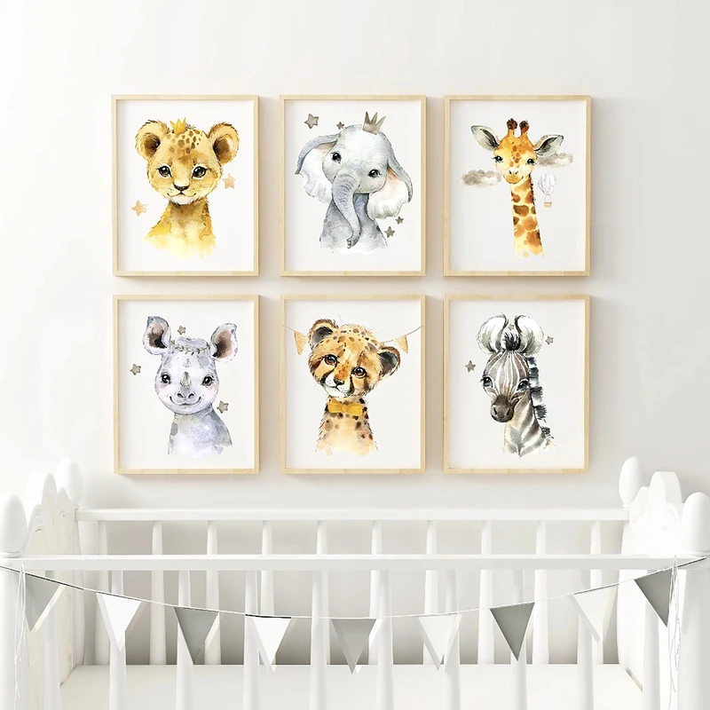 تابلو اتاق کودک و نوزاد الفاپ مدل حیوانات کد Watercolor Animals 006 مجموعه 6 عددی
