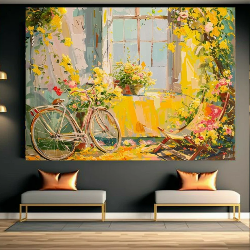 تابلو بوم طرح مخمل نقاشی مدل دوچرخه در حیاط کد BK23742