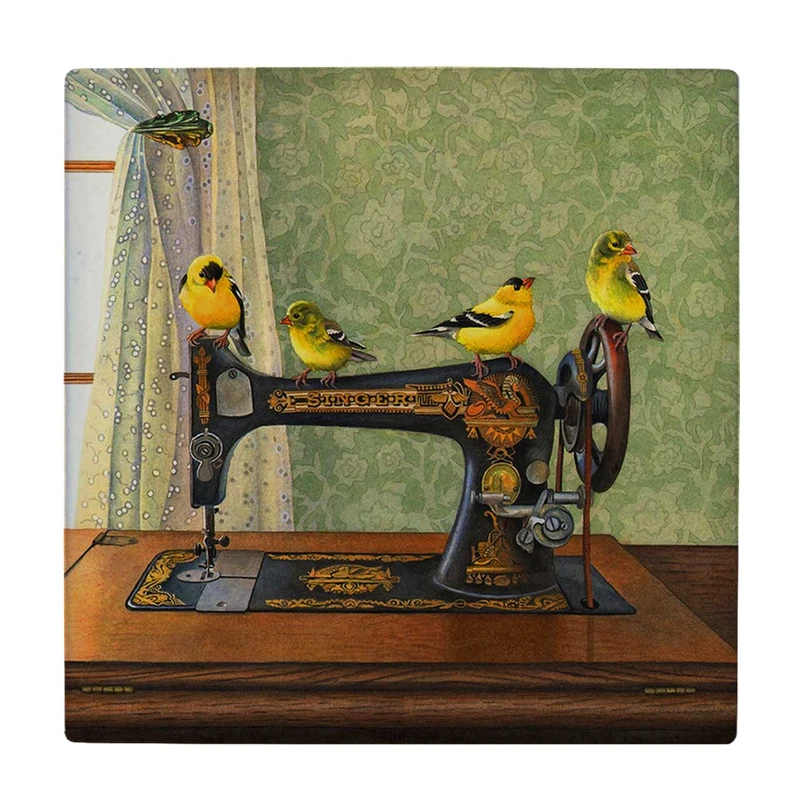 زیر لیوانی  طرح نقاشی چرخ خیاطی و قناری ها کد    5795498_4214