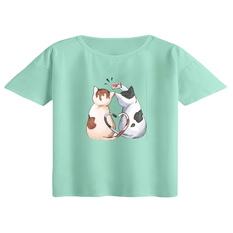 کراپ تی‌شرت آستین کوتاه زنانه مدل گربه های عاشق