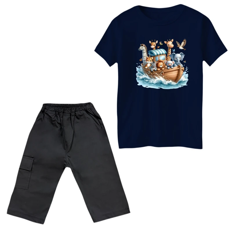 ست تی‌شرت و شلوارک پسرانه مدل کشتی حیوانات