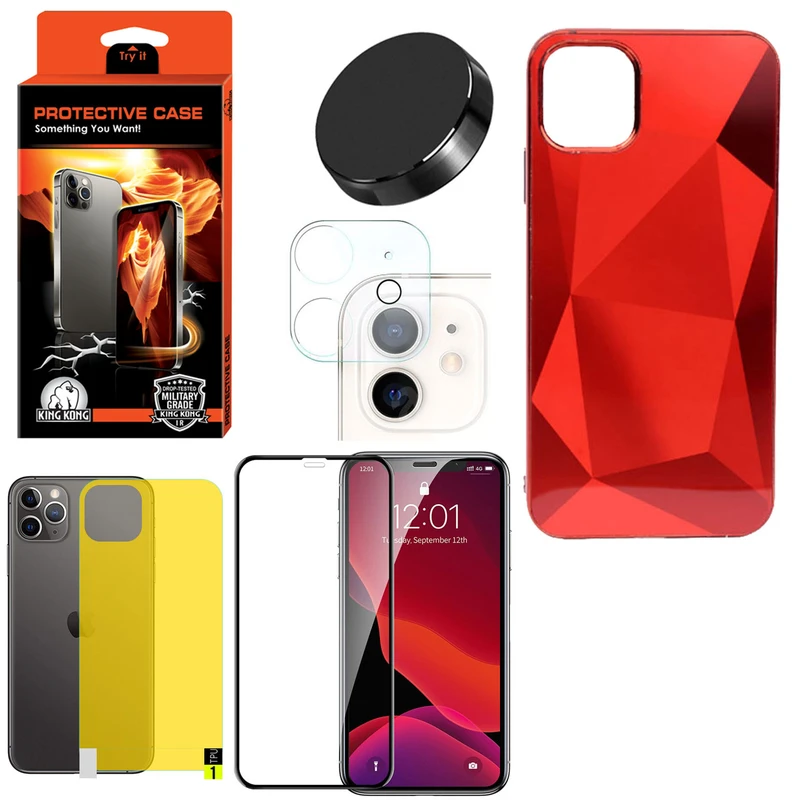کاور کینگ کونگ مدل الماسی مناسب برای گوشی موبایل اپل Iphone 11 به همراه محافظ صفحه نمایش و محافظ لنز دوربین و محافظ پشت گوشی و پایه نگهدارنده گوشی