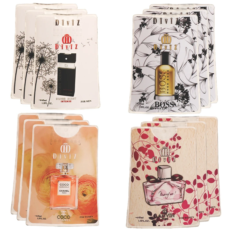 عطر جیبی زنانه و مردانه دیوایز مدل سیلور سنت و هوگوبوس و کوکوشنل و مری می با رایحه گرم و شیرین حجم 45 میلی‌لیتر بسته 12 عددی