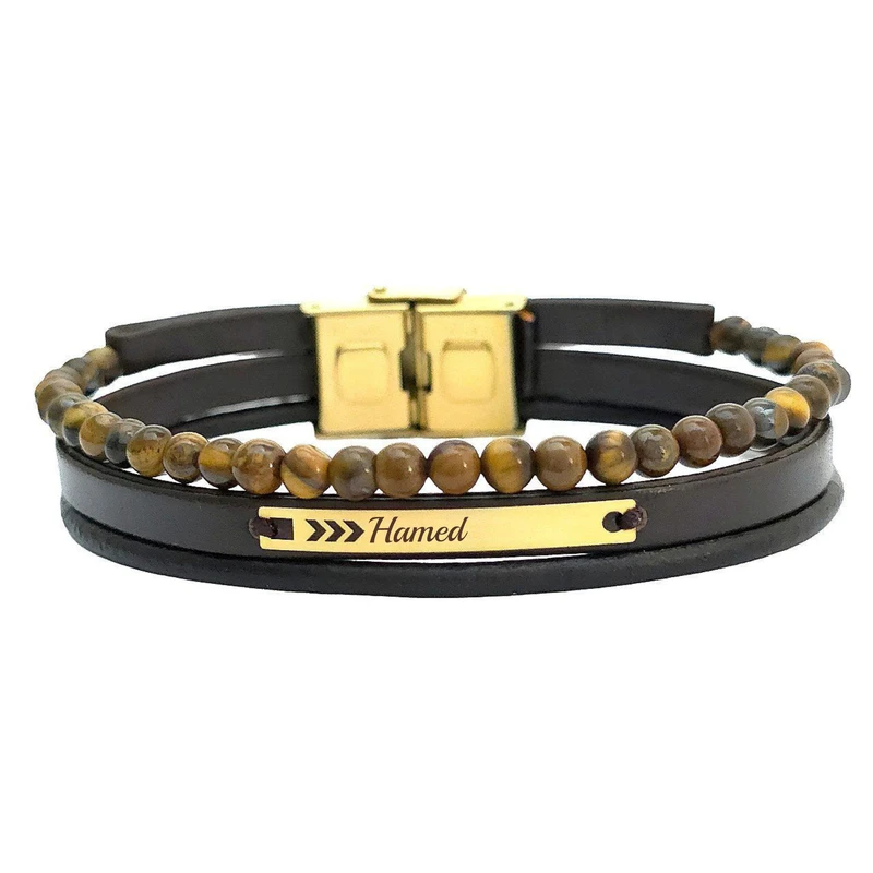 دستبند طلا 18 عیار مردانه با بند چرمی لیردا مدل اسم حامد 124565A