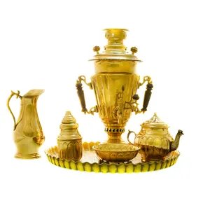 سرویس سماور ذغالی 6 پارچه برنجی مدل سوزنی ترک دار کد 4304