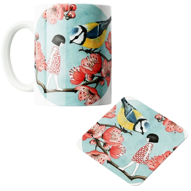 ماگ طرح دختر و پرنده 08 به همراه زیر لیوانی