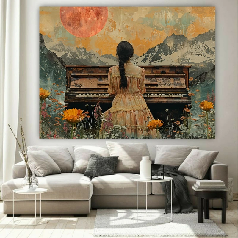 پوستر پارچه ای طرح مخمل نقاشی طبیعت مدل پیانیست کد BK22823