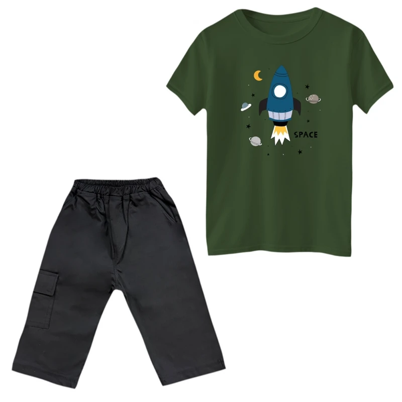 ست تی‌شرت و شلوارک پسرانه مدل موشک و فضا