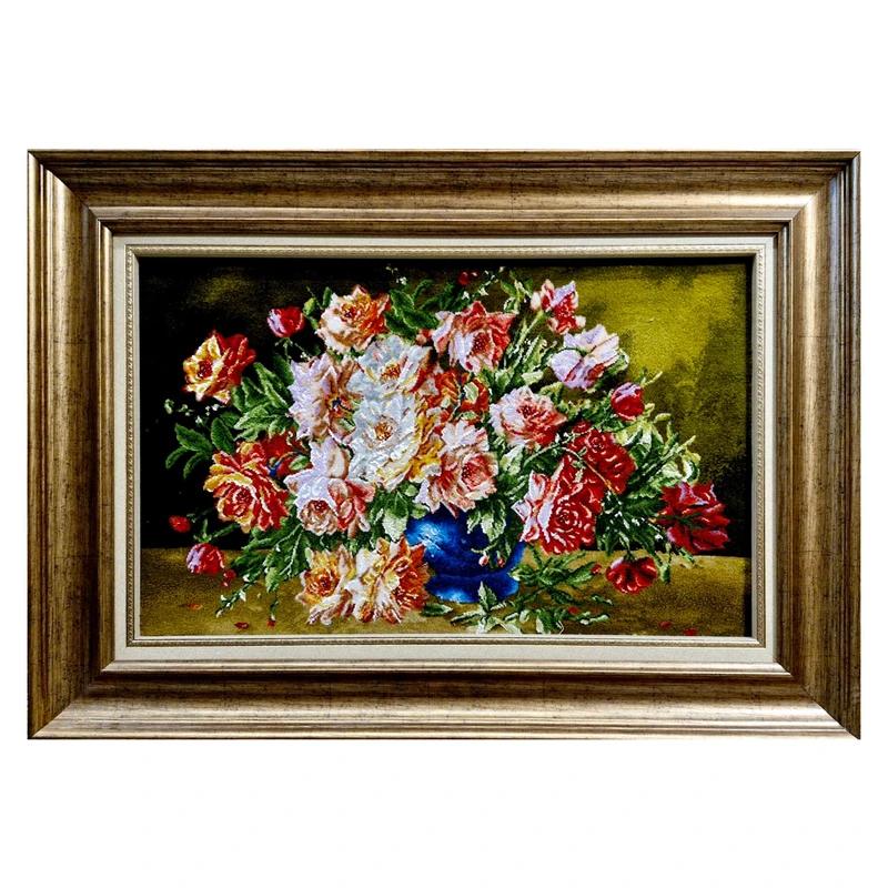 تابلو فرش دستباف مدل سبد گل آبرنگی چله ابریشم کد ۴۰۲