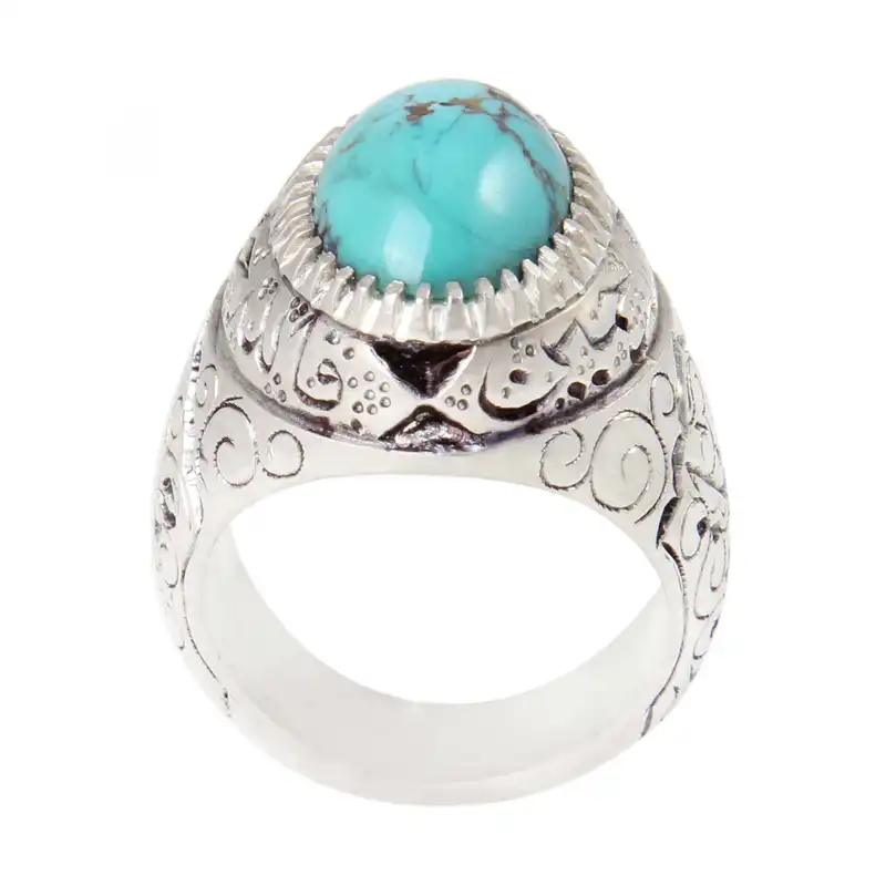 انگشتر نقره مردانه بازرگانی میلادی مدل سنگ فیروزه طبیعی نیشابور رکاب دست ساز سیاه قلم کد AM_2024