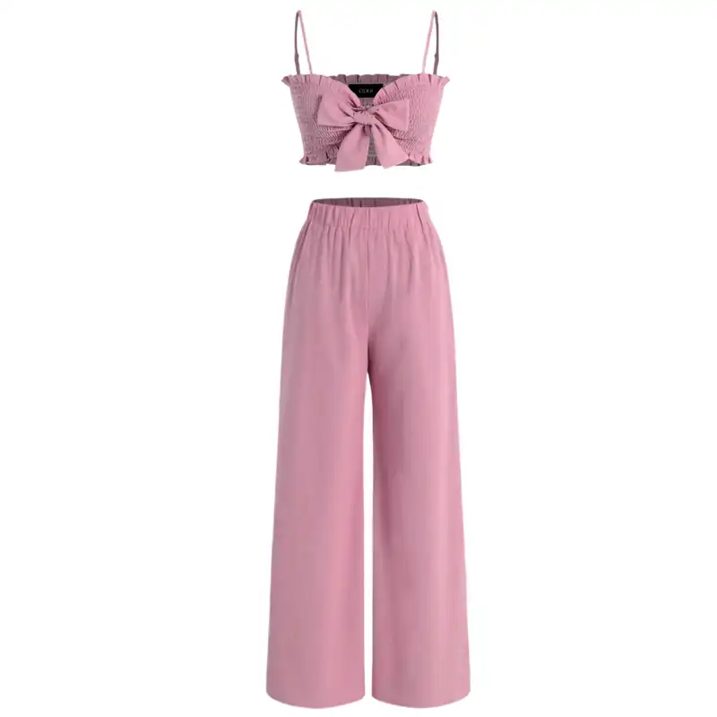 ست نیم تنه و شلوار زنانه مدل پاپیونی رنگ صورتی