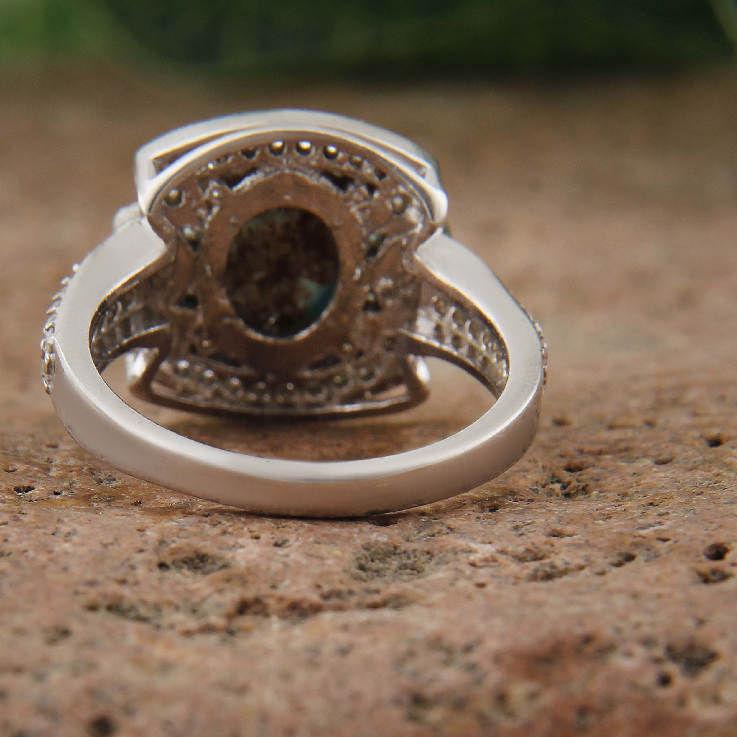 انگشتر نقره زنانه بازرگانی میلادی مدل سنگ فیروزه طبیعی نگین برلیان بدون ریزش آبکاری رادیوم کد AWR_1599