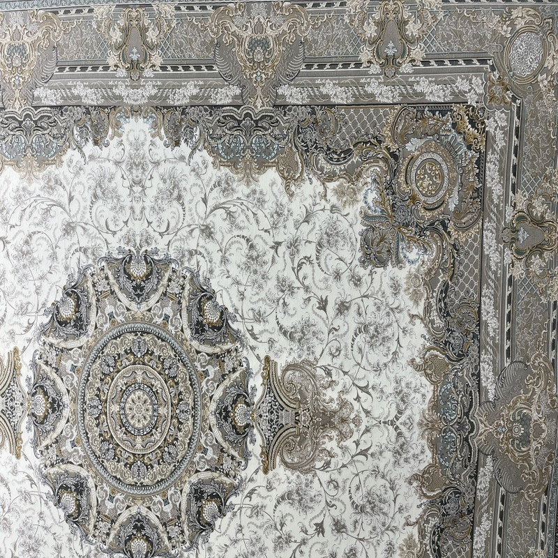 فرش ماشینی 1200 شانه زمینه کرم حاشیه طوسی مدل اوراشی