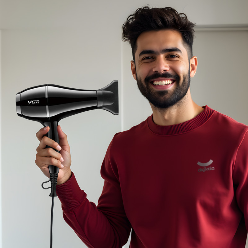 سشوار حرفه‌ای وی جی ار مدل V-414، موتور AC با توان مصرفی 2200 وات، دارای فناوری تولید یون، دارای حلقه آویختن، با حالت صاف‌کننده و حجم‌دهنده، وزن 802 گرم، تنظیم حرارت 3 حالته و کنترل سرعت 2 حالته، به همراه 3 عدد سری متمرکزکننده