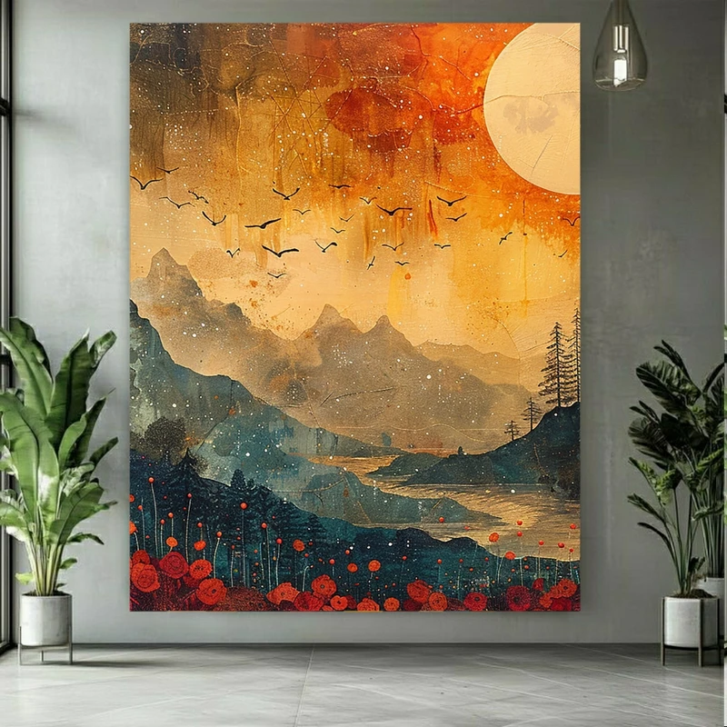 پوستر پارچه ای طرح مخمل  نقاشی منظره مدل دریاچه و گل‌های رز کد PY757