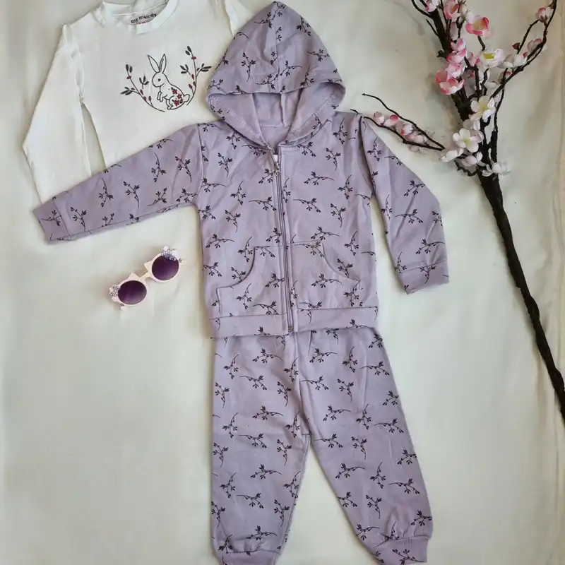 ست 3 تکه لباس دخترانه مدل گلدار رنگ بنفش