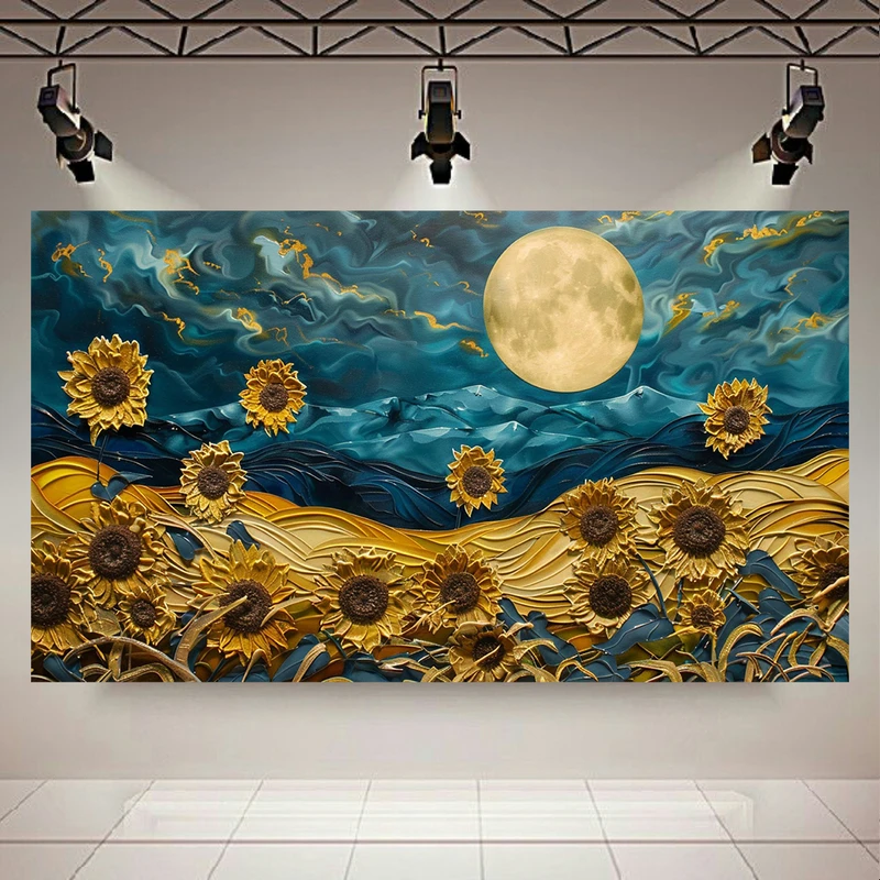 تابلو بوم طرح مخمل نقاشی ماه کامل مدل دشت آفتابگردان کد AR302378