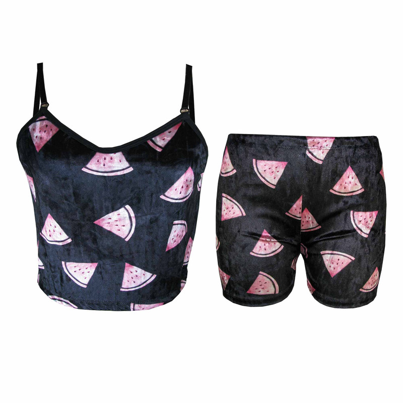 ست نیم تنه و شلوارک زنانه مدل مخمل هندونه ای