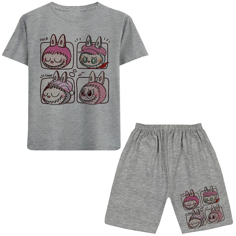 ست تی شرت آستین کوتاه و شلوارک راحتی دخترانه مدل A91 LABUBU