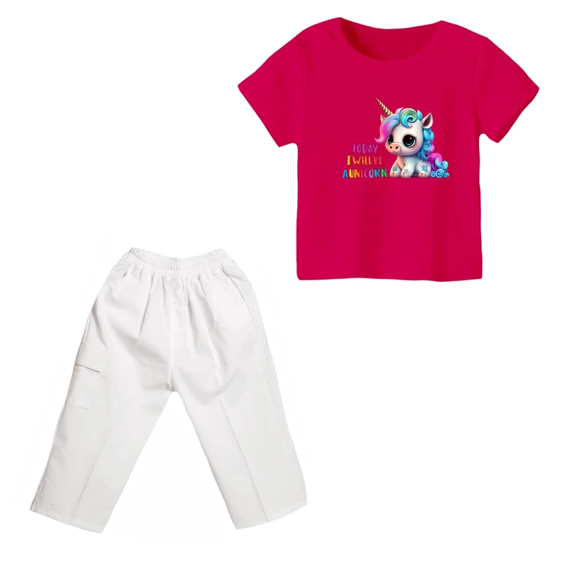 ست تی شرت و شلوارک دخترانه مدل یونیکورن کد 42