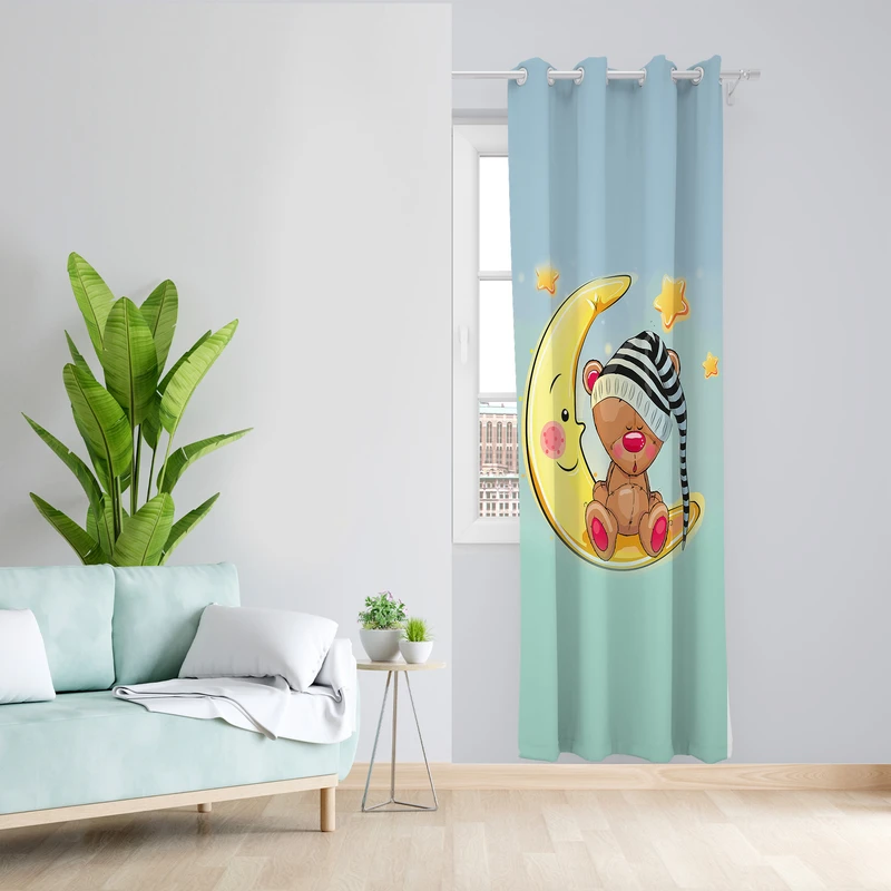 پرده طرح خرس و ماه مدل مخمل پانچی کد L 999 L Z سایز 140x200 سانتی متر