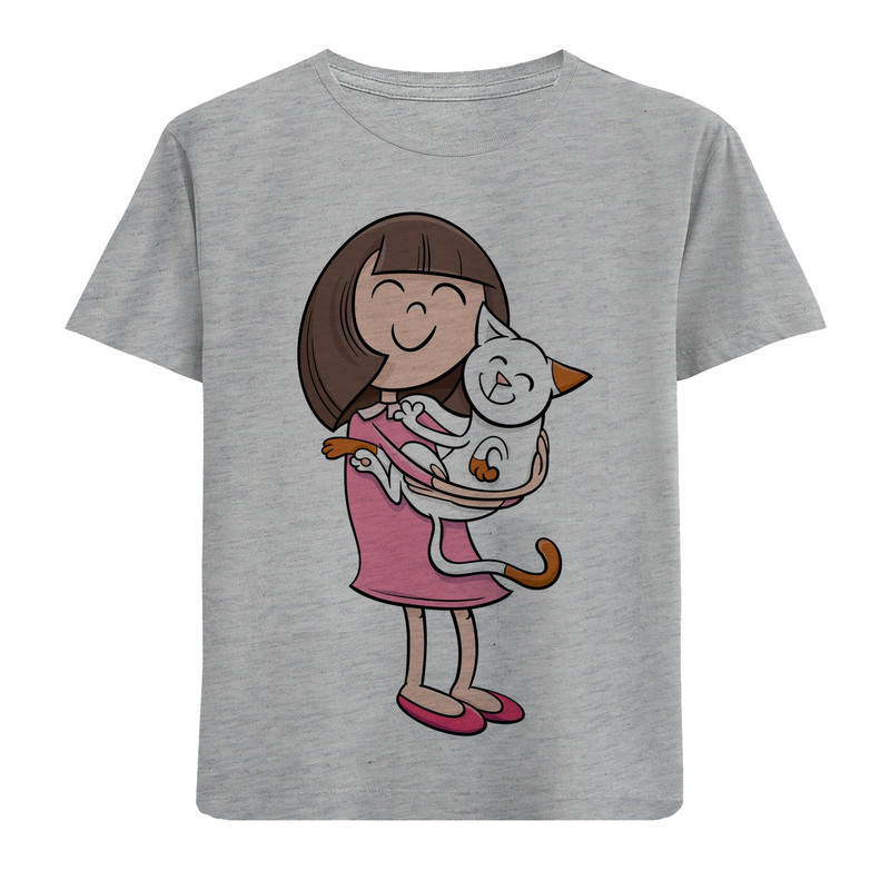 تی شرت آستین کوتاه دخترانه مدل دختر و گربه F600