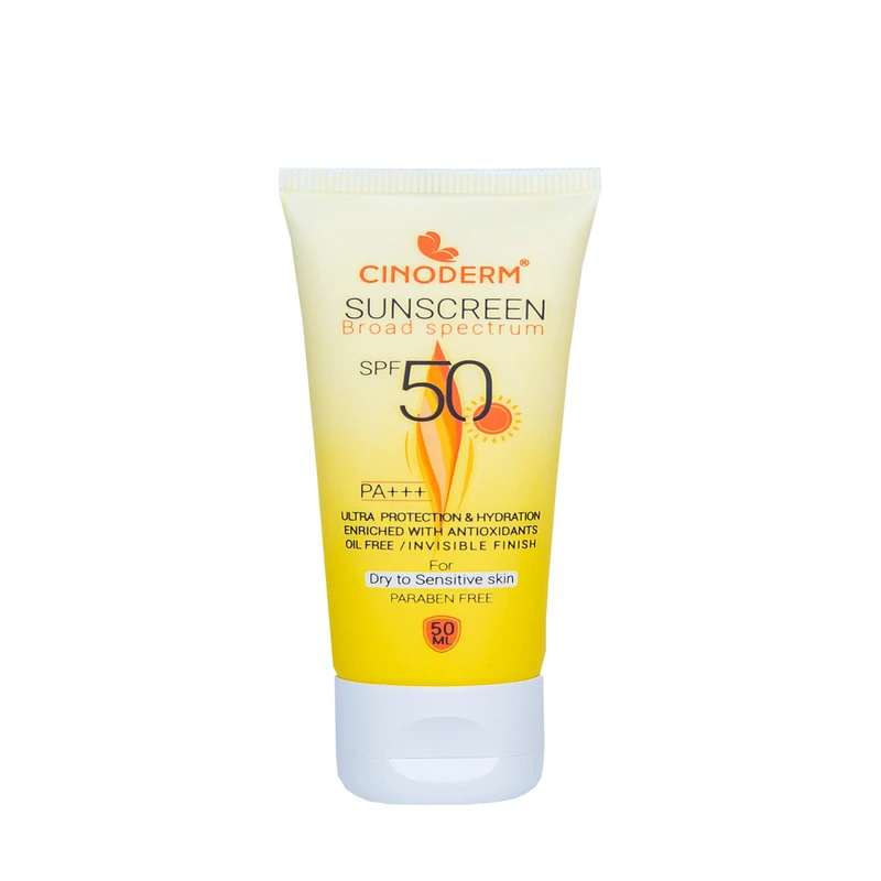 کرم ضدآفتاب بی رنگ سینودرم SPF50  مدل 01 مناسب پوست خشک و حساس حجم 50 میلی لیتر